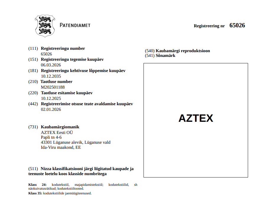 AZTEX registered trademark certificate 65026 Estonian Patent Office