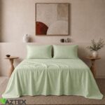 Stonewashed cotton bed sheet | Light green - Image 3